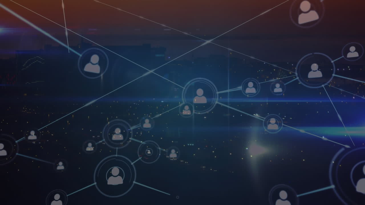 animación de la red de conexiones con iconos sobre fondo azul