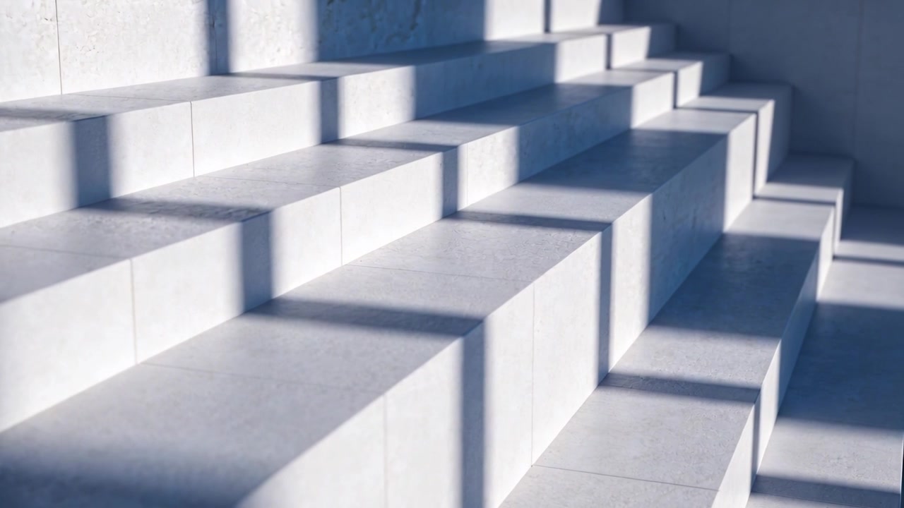 Panning camera after opening frame across tiered white steps in gallery to reveal light and shadow