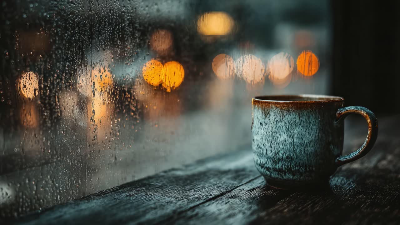 Un'esperienza caffè accogliente: tazza in ceramica calda appoggiata sul davanzale di una finestra piovosa, retroilluminata da luci sfocate della città e gocce di pioggia, perfetta per una giornata uggiosa