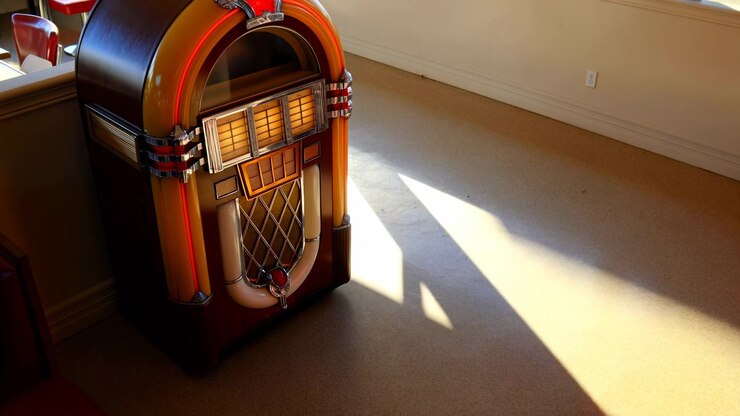 Un jukebox è splendidamente illuminato dalla luce del sole in un ambiente interno vintage con pavimento e parete in legno, catturato da una vista laterale leggermente elevata, evocando un'atmosfera luminosa e nostalgica.