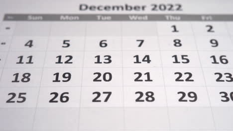 calendario de diciembre de 2022 moviéndose de derecha a izquierda vista de primer plano