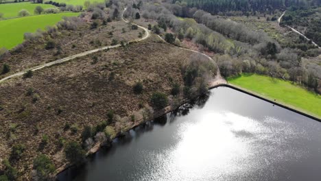 aerial view of woodbury common beside squabmoor reservoir on sunny day