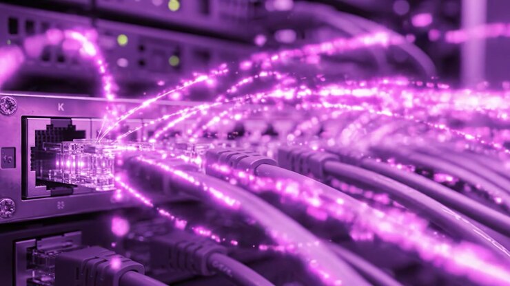 A Close-Up View of Network Equipment with Ethernet Cables Highlighting Connectivity and Data Transmission in a High-Tech Environment, Bathed in Purple Lighting