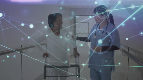 animation of network of connections over diverse female doctor and patient