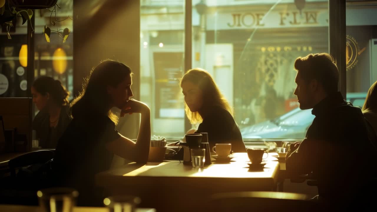 目の高さで撮影された、居心地の良いカフェの映画のような動画シーン。