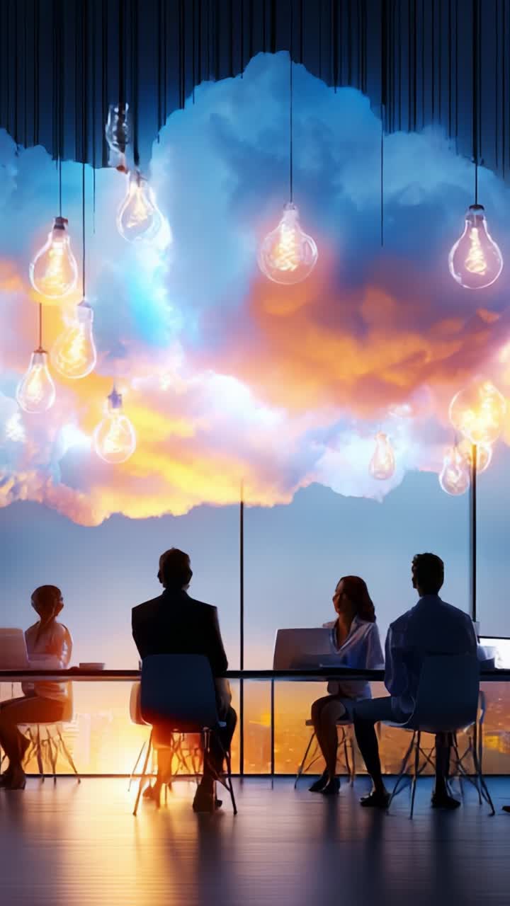A Captivating Office Scene at Sunset: Professionals Collaborating Under Dramatic Lighting and Cloudy Sky Creating an Inspiring Atmosphere for Innovation
