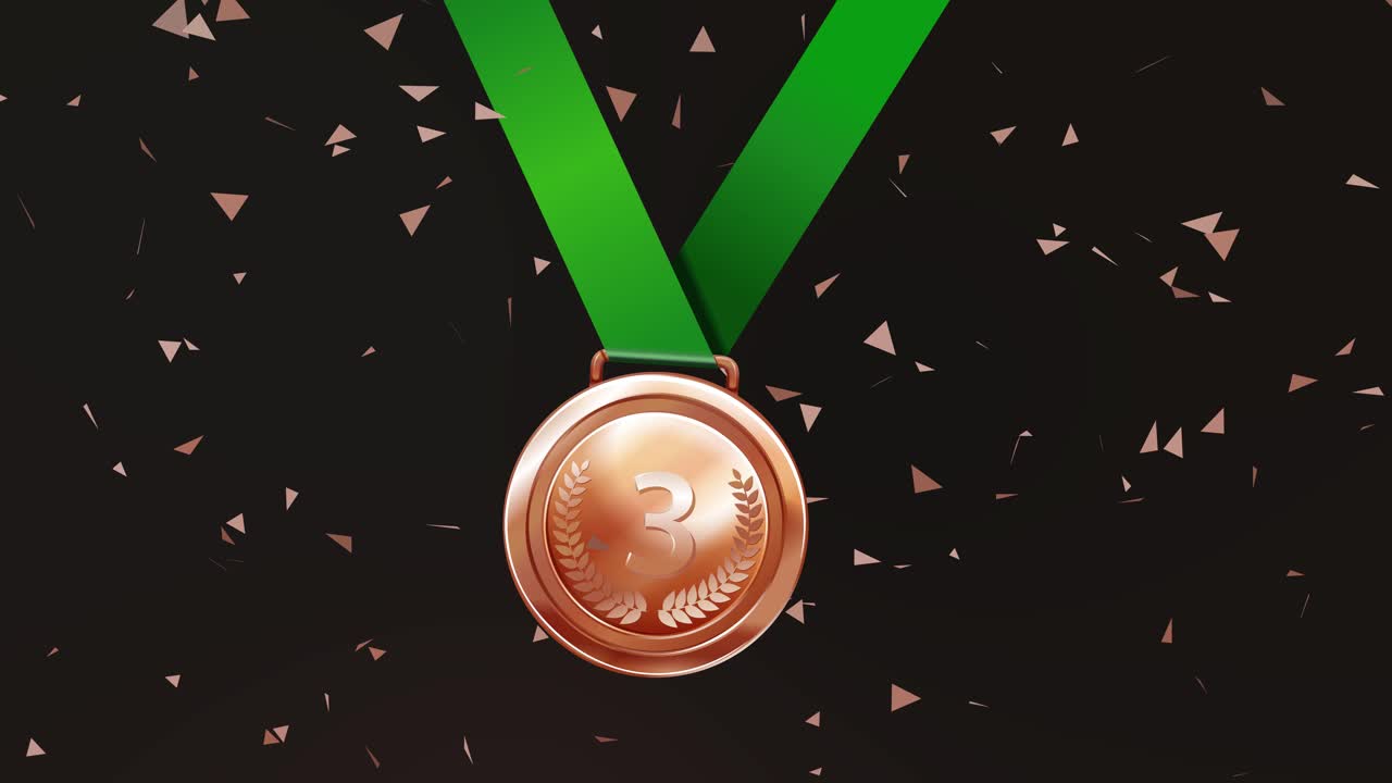 medalla de bronce con cinta verde y confeti