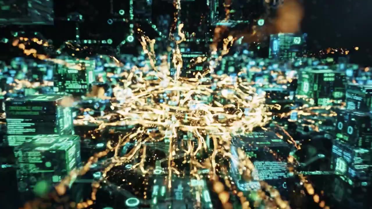 Et futuristisk digitalt bylandskab, der repræsenterer avanceret teknologi og datanetværk med glødende blokke og levende forbindelser i et mørkt univers.