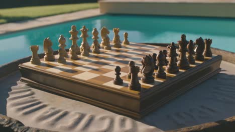 un tablero de ajedrez de madera está listo para empezar a jugar, se coloca sobre una mesa al aire libre y al fondo se puede ver el césped y una piscina, es tarde en italia