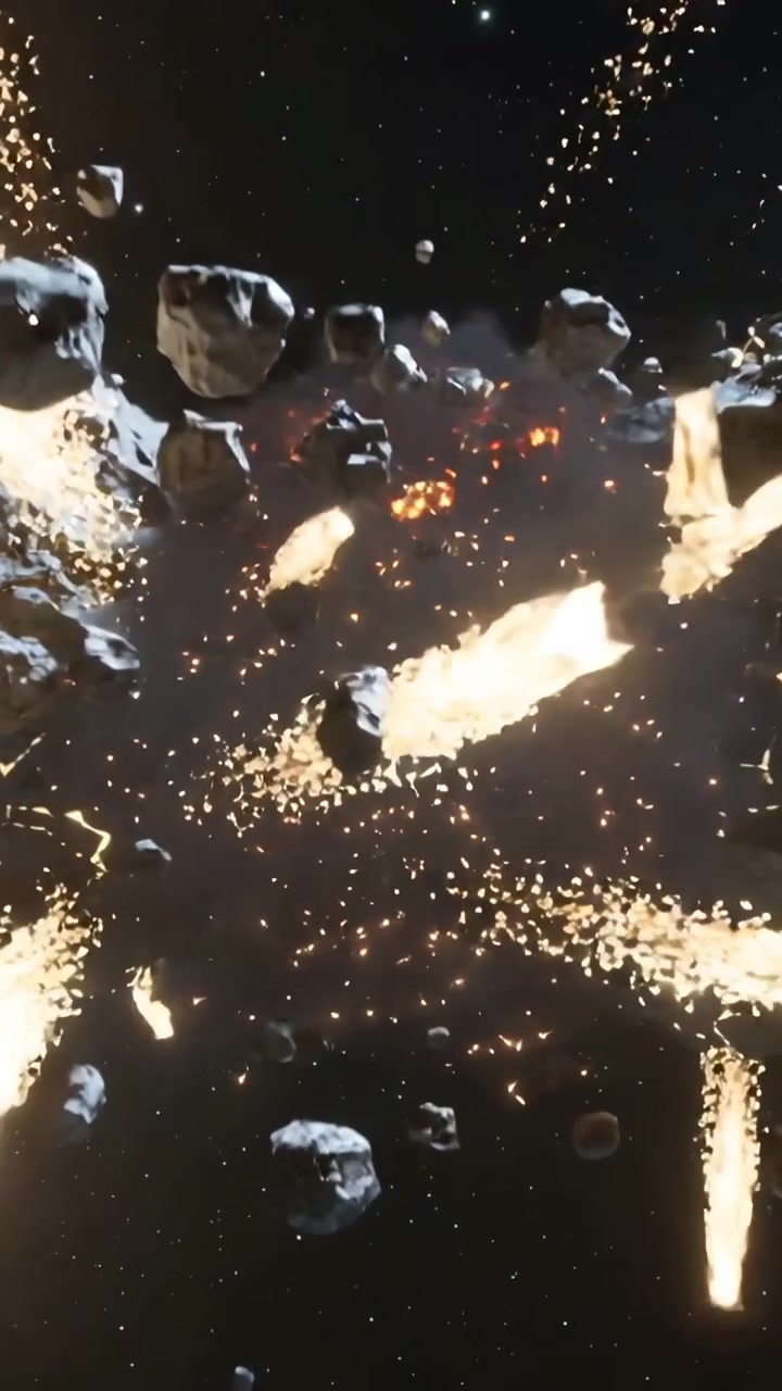 Video verticale: Due asteroidi esplodono, espellendo detriti fusi nello spazio, con crepe incandescenti che scintillano.