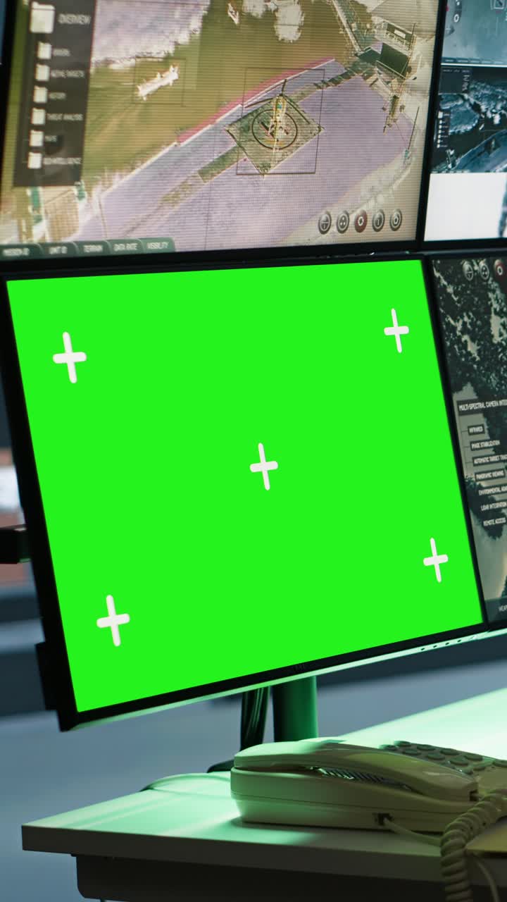 Vertikal video: Spion fra spesialstyrker gransker data i overvåkingsrom med chroma key-skjermer