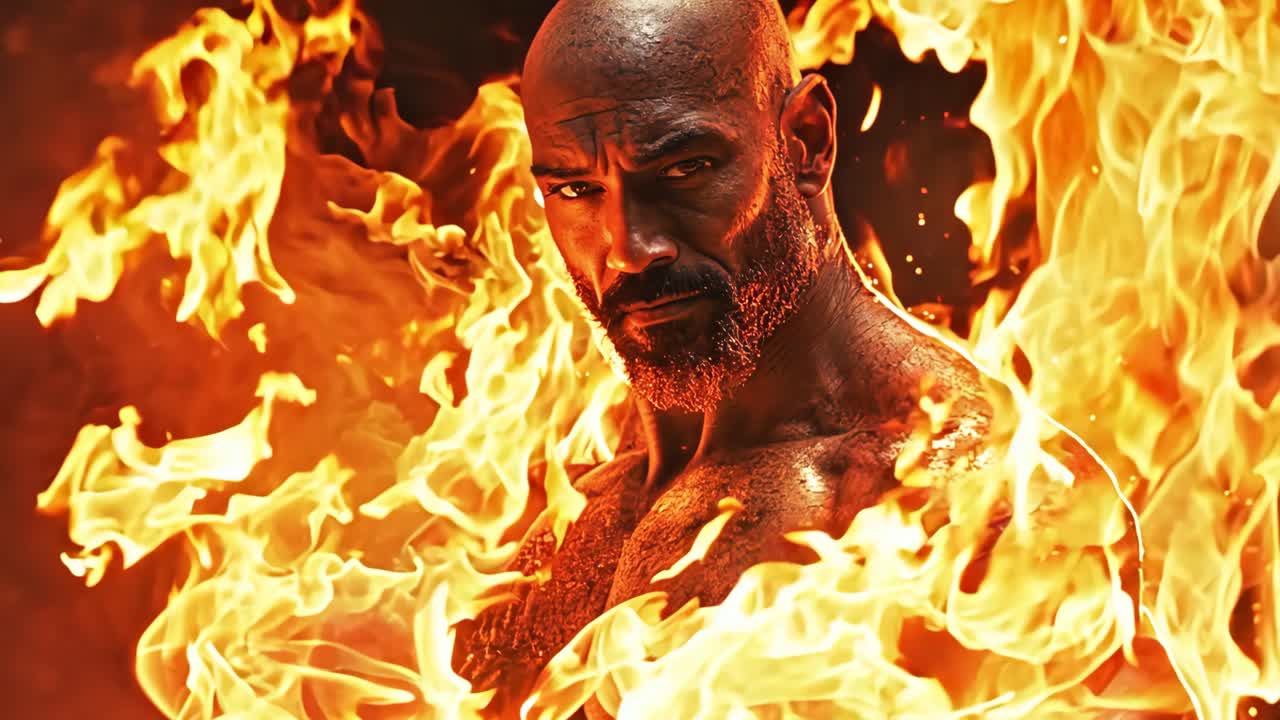 A man is standing in front of a fire with his arms spread out. The fire is orange and the man is wearing a black shirt