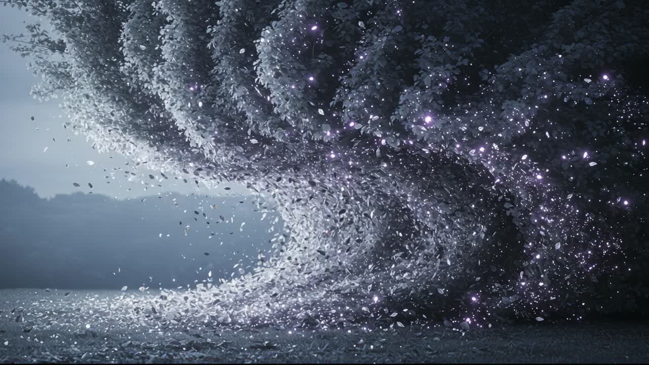 A Mysterious Whirlwind of Glittering Leaves and Ethereal Light Creates a Stunning Visual Display Amidst a Subdued Natural Landscape