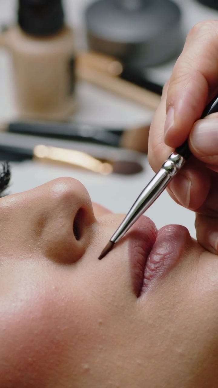 Vertical video: Artist hand entering guiding angled brush defining upper lip line at vanity