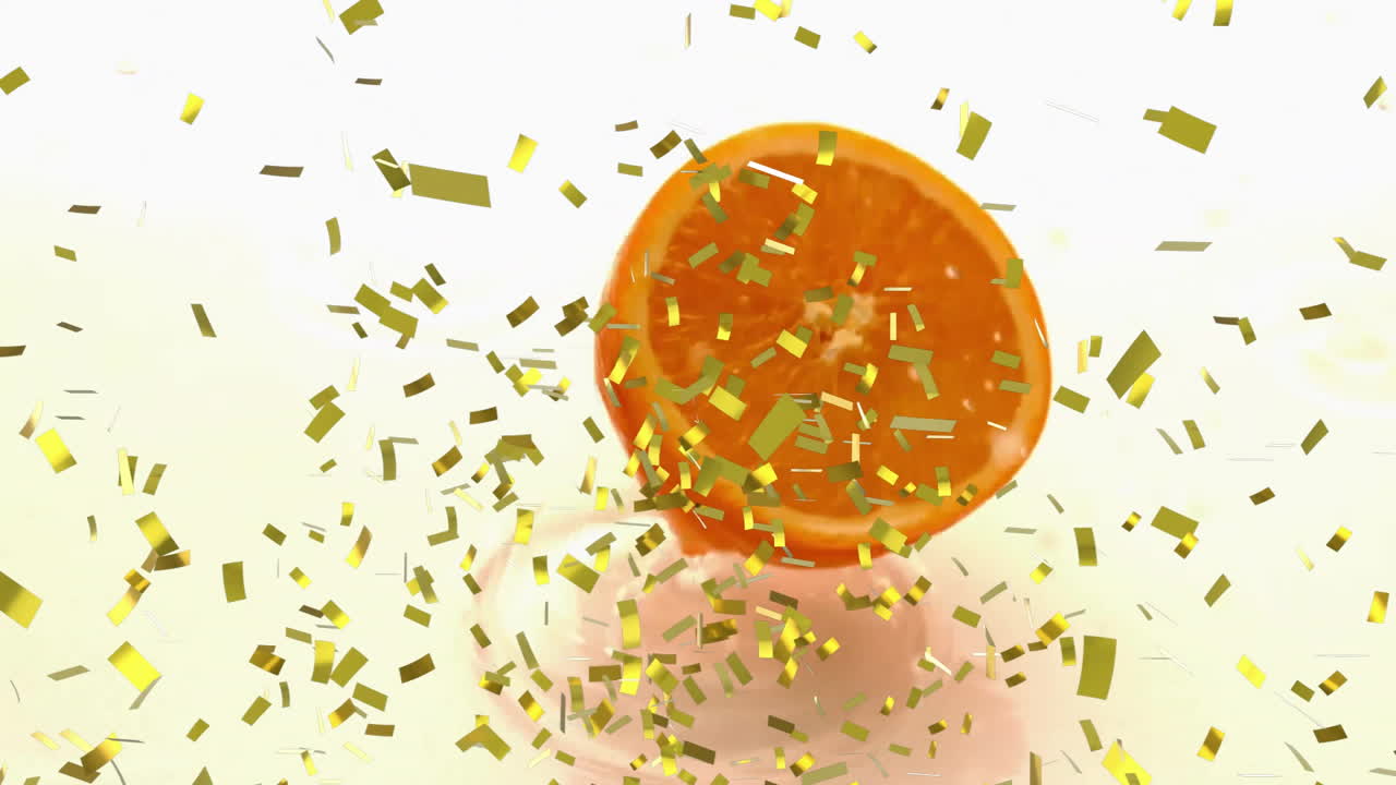 Animation of confetti falling over slices of orange