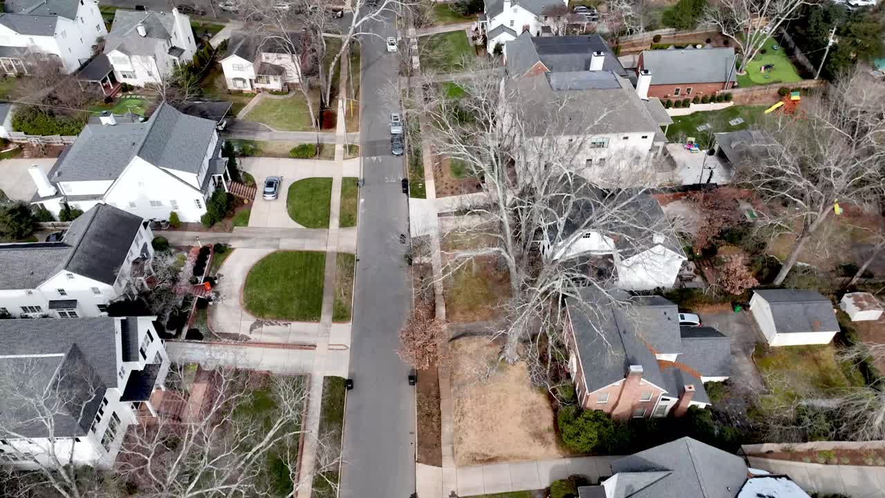 aerial of neighborhood and street in charlotte nc, north carolina