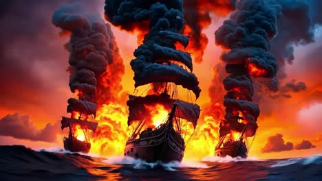 una pintura de tres barcos en el océano con humo saliendo de ellos