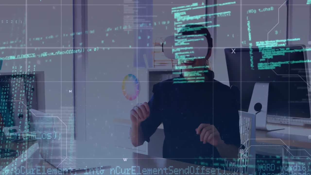 animación del procesamiento de datos sobre una mujer de negocios caucásica