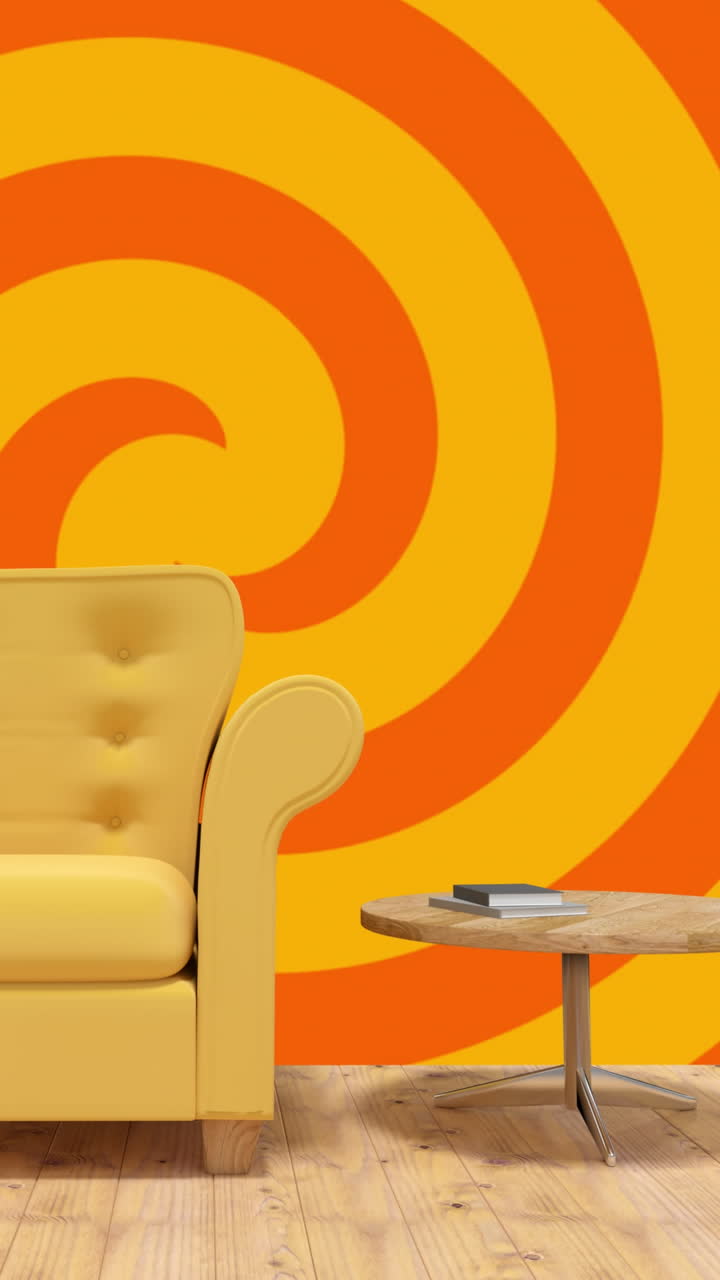 animación de un sillón amarillo sobre un fondo giratorio en espiral amarillo y naranja