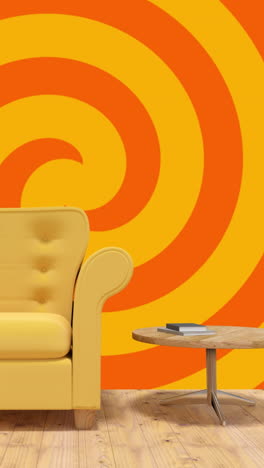 animation of yellow armchair over rotating spiral yellow and orange background