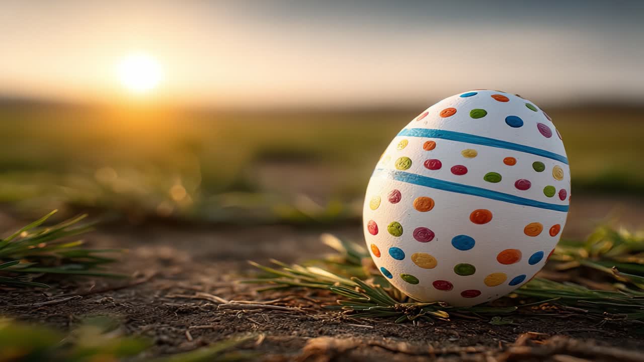 A Vibrant Easter Egg Caught in the Glow of Sunrise, Resting on the Earth Surrounded by Fresh Greenery, Symbolizing Renewal and Spring Celebrations