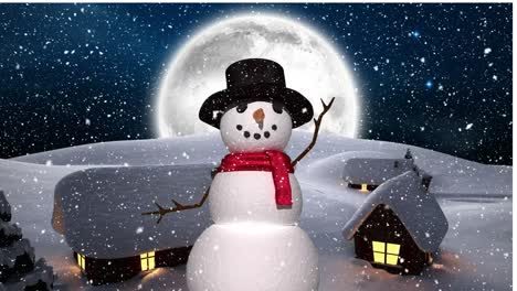 Digital-animation-of-snow-falling-over-male-snowman-on-winter-landscape-against-moon-in-night-sky