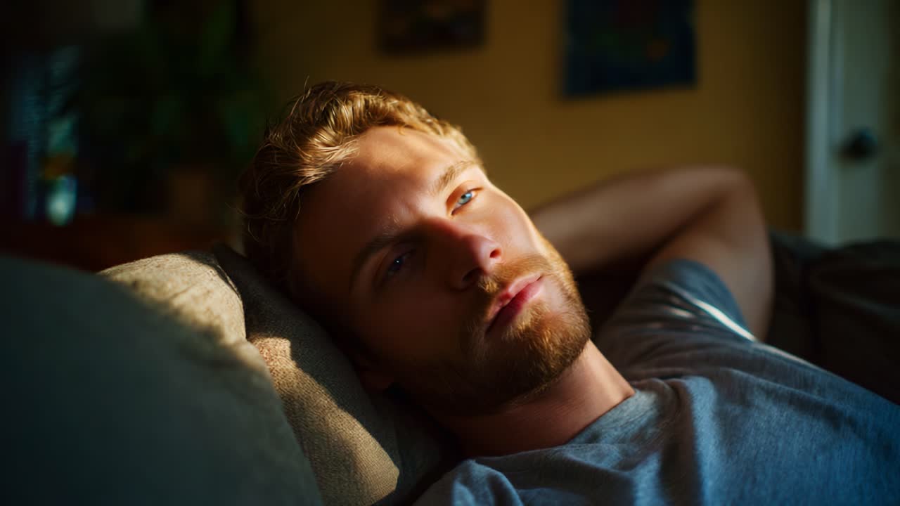 A Thoughtful Moment: Contemplation and Serenity Captured in the Evening Light with a Young Man Relaxing on a Couch Reflecting on Life's Journey