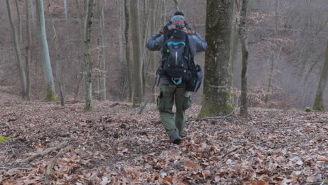 fotógrafo masculino turista caminando cuesta abajo en un bosque