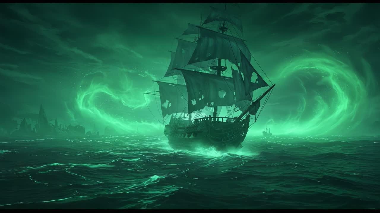 A Mysterious Ship Navigates Through Enigmatic Green Waters Under Stormy Skies, Surrounded by Ethereal Light and Atmospheric Elements, Embodying Nautical Adventure