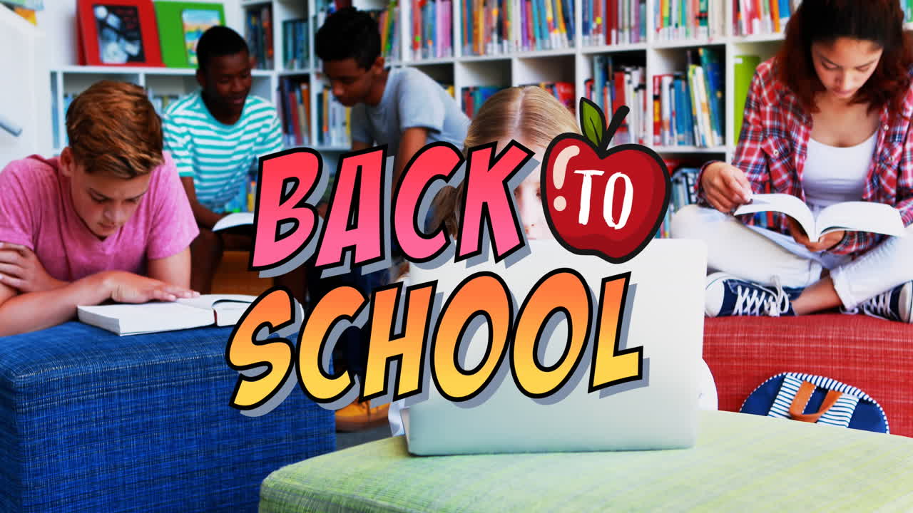 Animation of apple and back to school text over diverse students studying in library