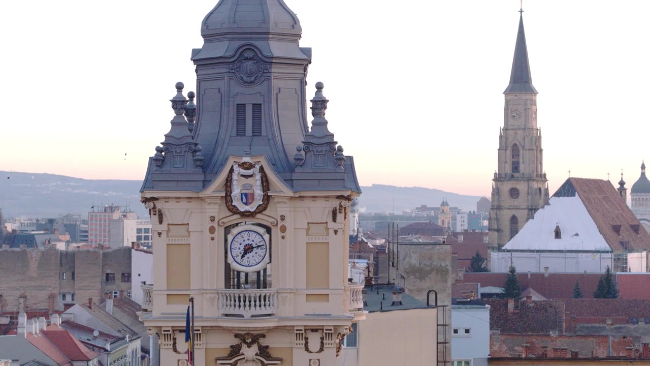 Close-up Aerial View of Historic City Hall Clock Tower in Cluj-Napoca