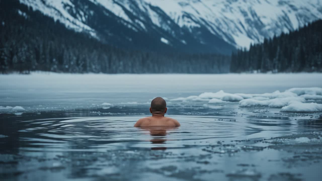 A solitary individual immersed in a frigid lake surrounded by snow-covered mountains, reflecting serenity and the stark beauty of winter’s icy embrace