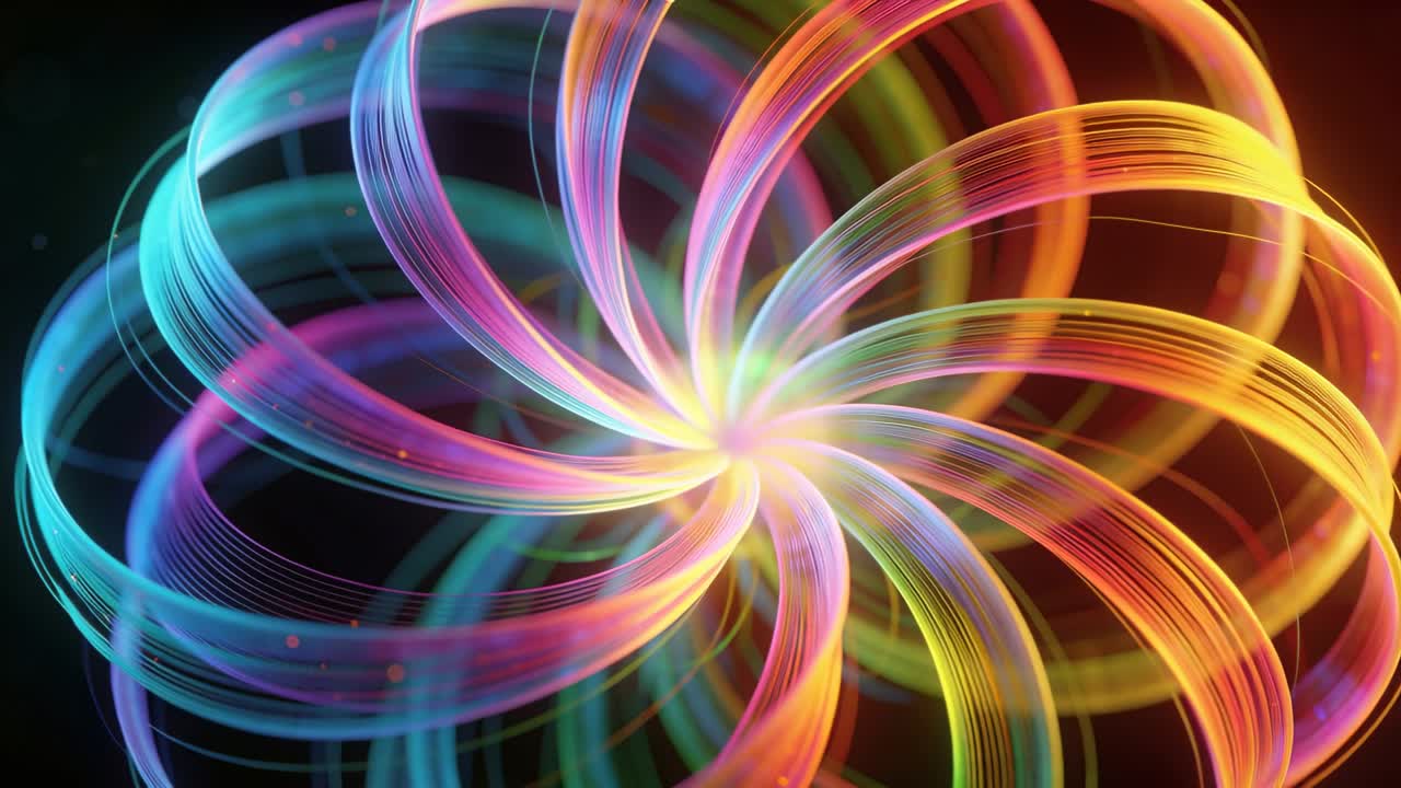 Nastri colorati che si aprono ruotando in senso orario su sfondo nero, nucleo luminoso, particelle alla deriva.