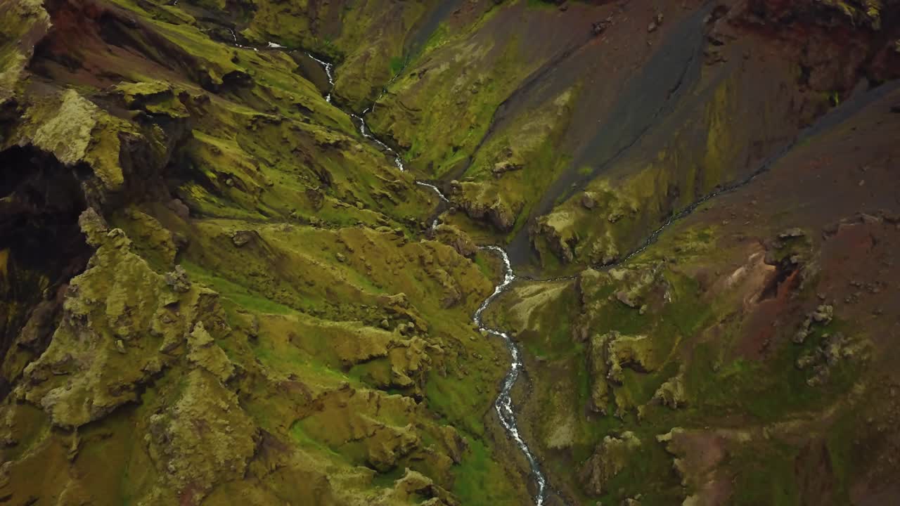 vista aérea sobre un río que fluye y texturas y patrones naturales del terreno islandés