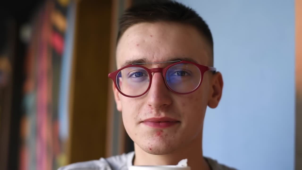 Man in red glasses drinking coffee from reusable bamboo cup with a picture of green earth and quote about ecology in a cafe. Looking at the camera