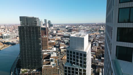 aerial flight above skyscrapers in brooklyn, new york