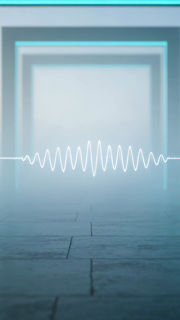 Vertical video: Starting audio, pulsing white waveform shifting across tiled floor with cyan frames