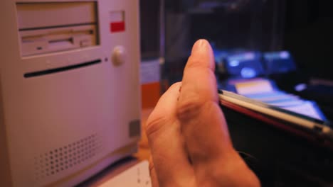 using diskette for old computer. music recorder, playing retro computer games. vintage device for office, obsolete technology. . high quality 4k footage
