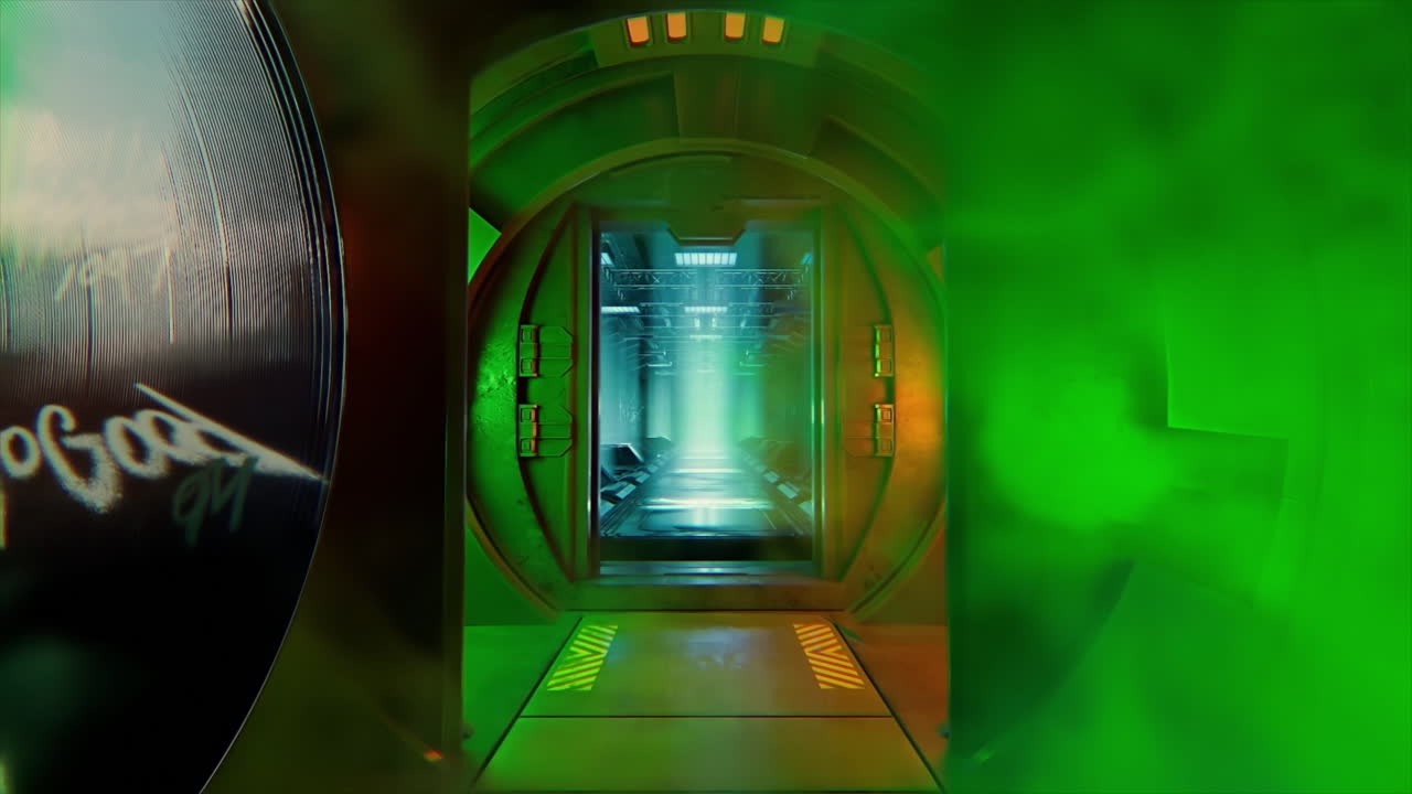 Futuristic Corridor with Green Neon Lighting