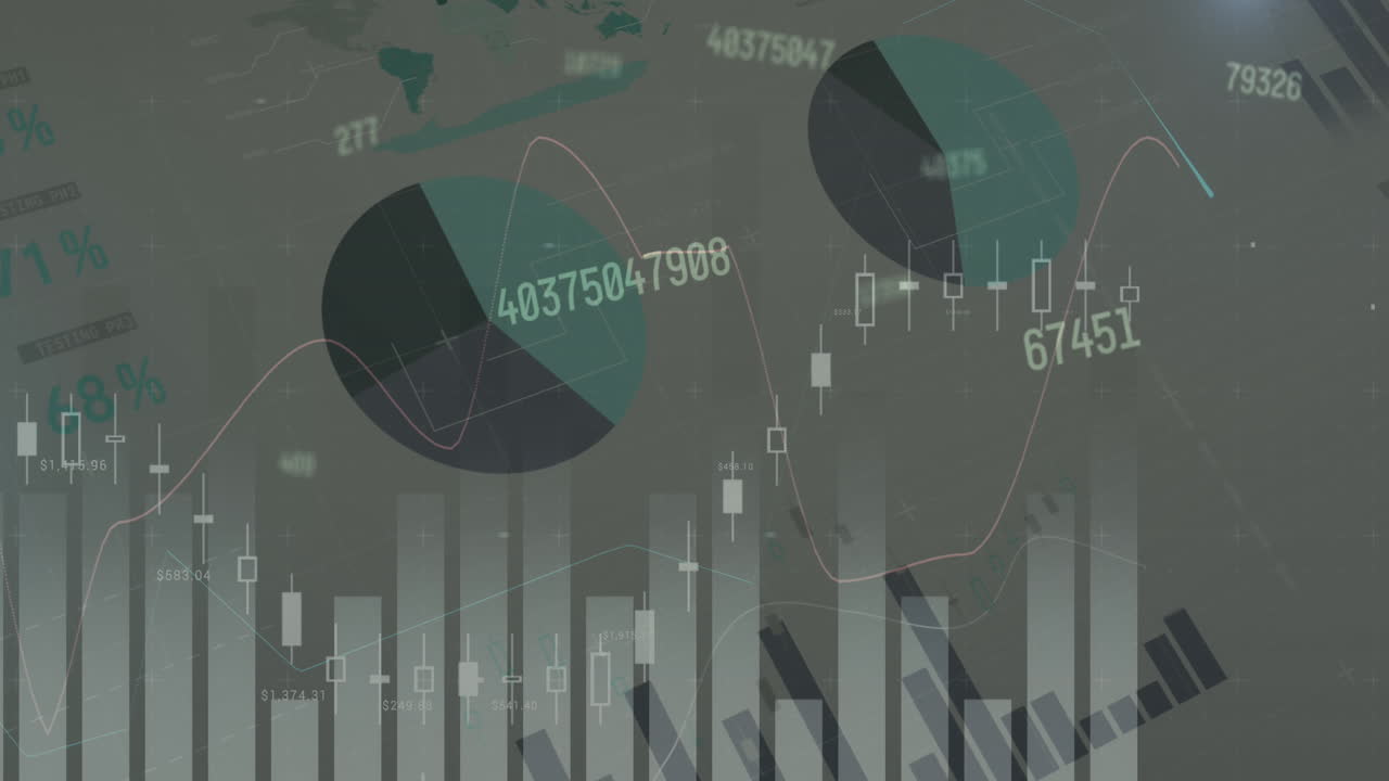 Animation of changing numbers and graphs over infographic interface against gray background