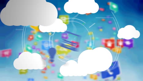 animación del escaneo de alcance con nubes digitales, iconos y red de conexiones