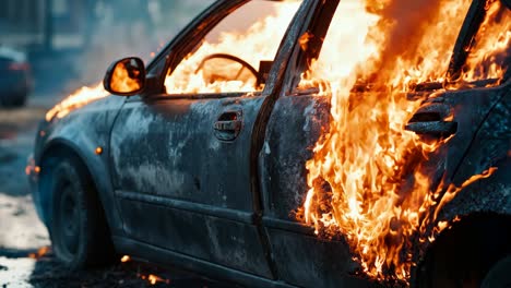 a burnt out car on fire on the side of the road