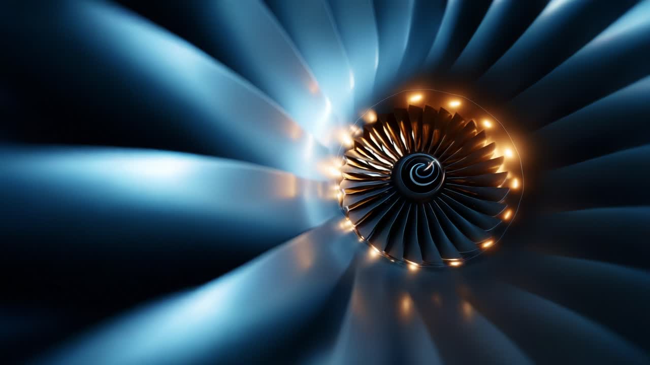 An Stunning Close-Up View of a Turbine Engine Revealing Intricate Details of the Fan Blades and Lighting, Showcasing the Engineering Marvel of Modern Aviation Technology