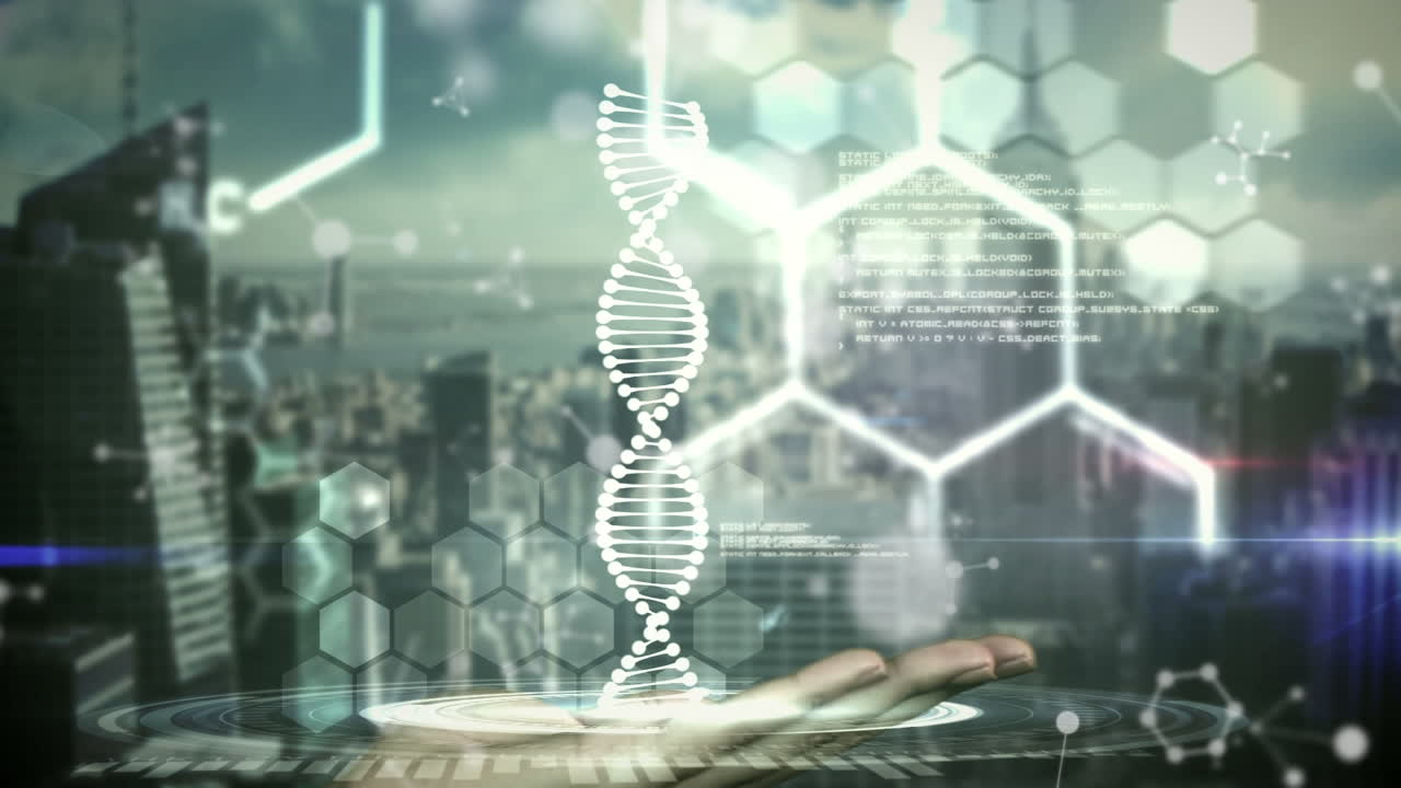 Animation of dna strand over cityscape and data processing