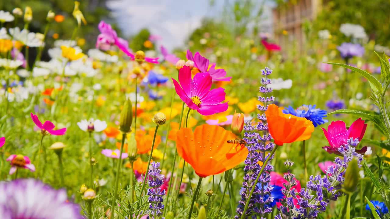 Vibrantes flores silvestres en un prado, capturadas desde un ángulo bajo, ideal para un vídeo de naturaleza, escritorio Live