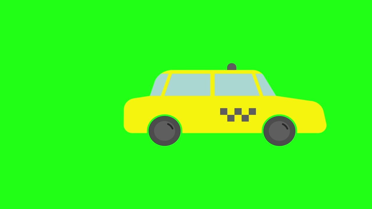 taxi. vista lateral. coche de taxi amarillo de dibujos animados. el coche se mueve hacia adelante, los gases de escape aparecen, y periódicamente desaparecen por detrás. daño al medio ambiente por las emisiones. video en bucle 2d en clave de croma