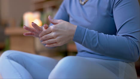 Hand-pain,-yoga-or-woman-with-injury-in-home