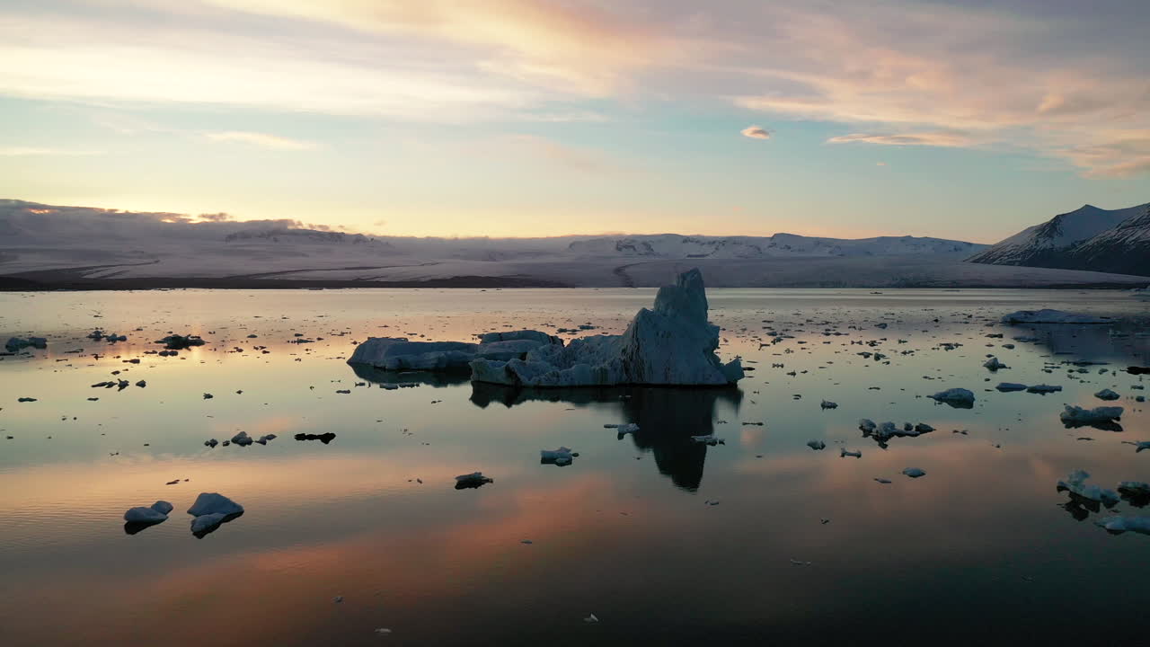 Beautiful Sunset In Jokulsarlon Glacier Lake In South Iceland.  - aerial drone