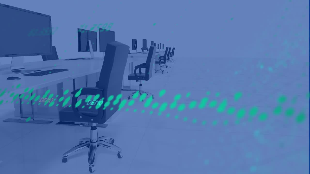 Animation of graphs with changing numbers over unoccupied chairs and desktops in office