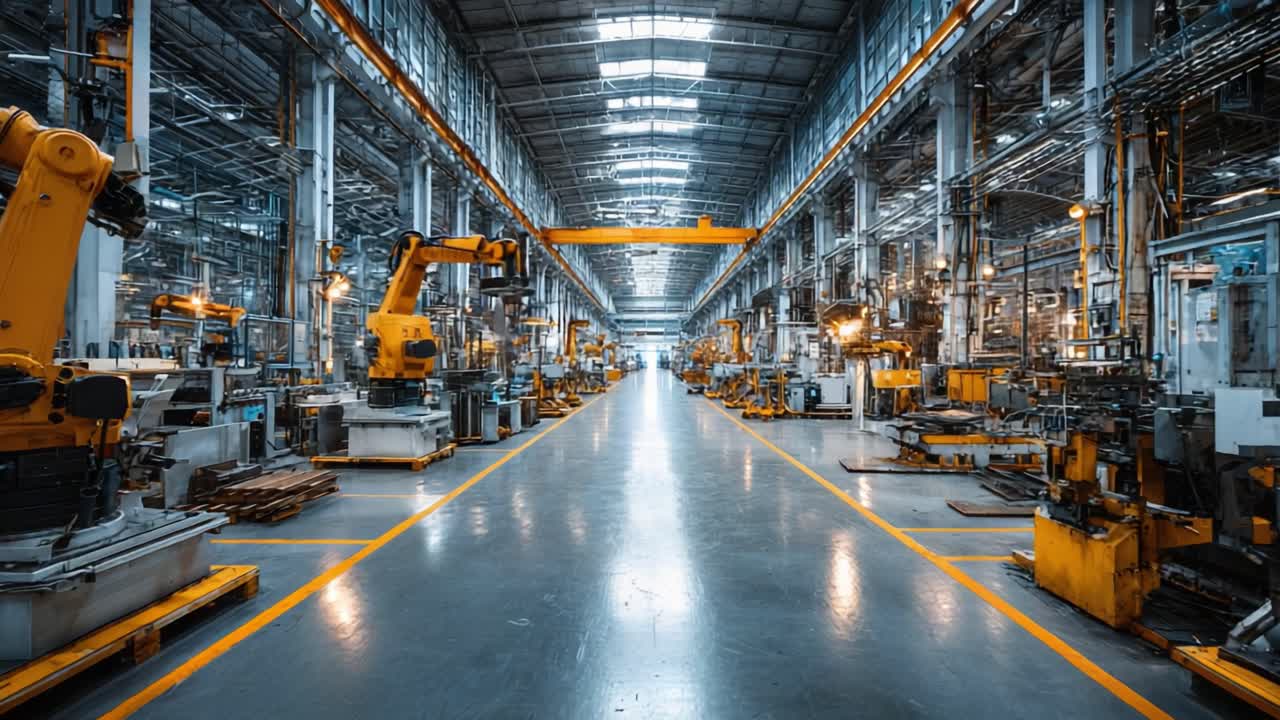 A Futuristic Industrial Warehouse Featuring Robotic Arms and Automated Machinery in a Large Manufacturing Facility
